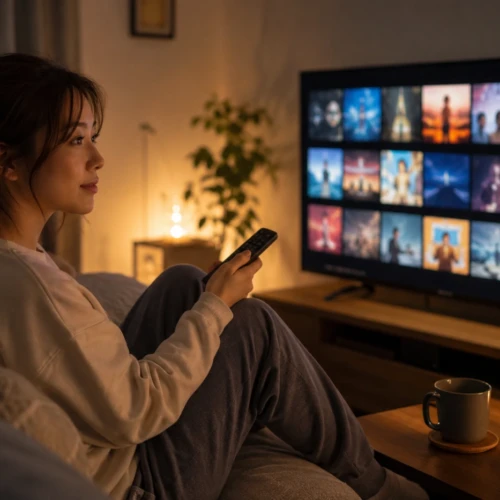 仕事終わりの女性が暖色の部屋で短くて面白いアニメを探しながらリラックスしている様子