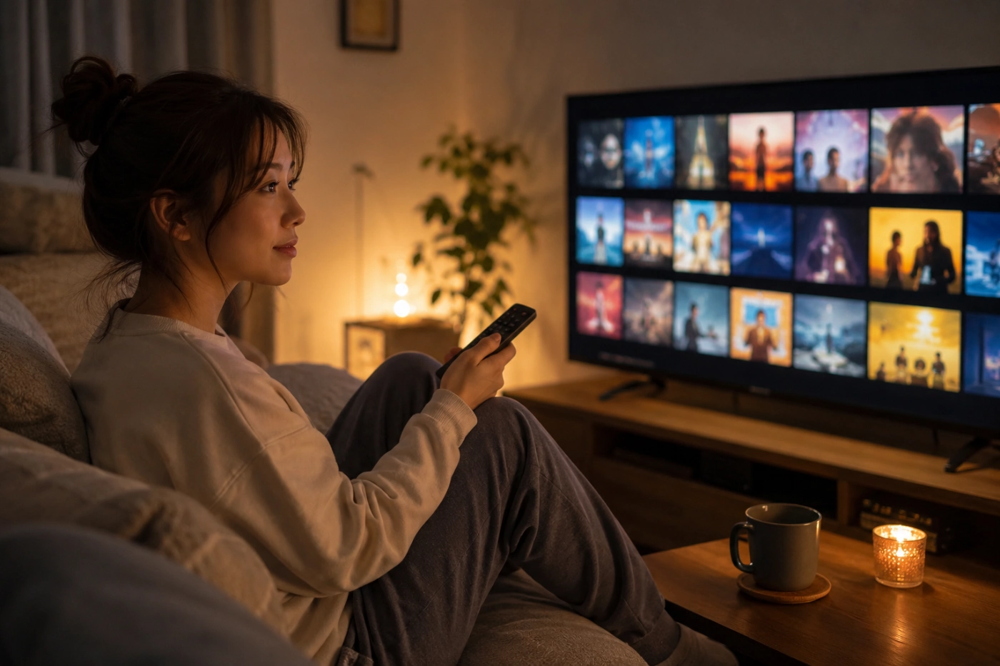 仕事終わりの女性が暖色の部屋で短くて面白いアニメを探しながらリラックスしている様子