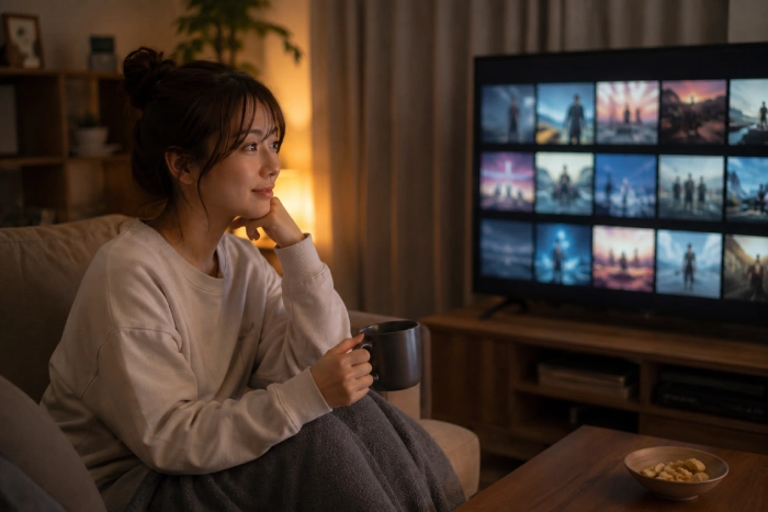 夜の部屋でリラックスしながら映像作品を楽しむ女性の様子