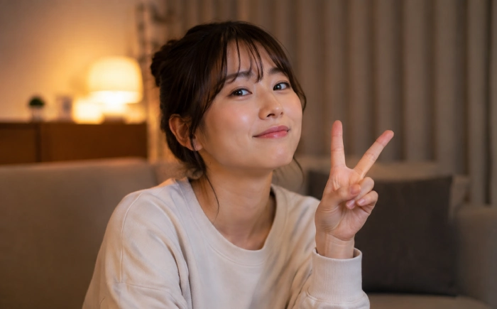 部屋でリラックスしながら指で数字を表している若い女性の様子