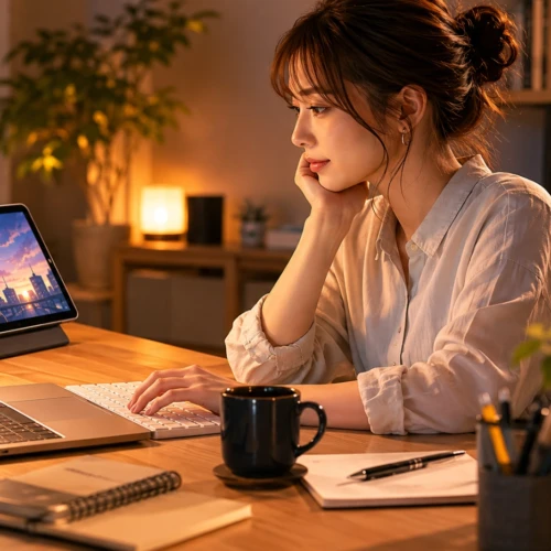 夜のワークルームで仕事をしながらタブレットでアニメを見る20代後半女性の作業風景
