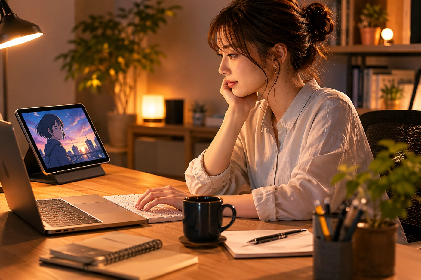 夜のワークルームで仕事をしながらタブレットでアニメを見る20代後半女性の作業風景