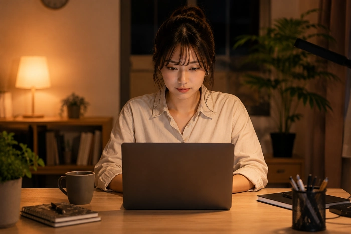 夜のワークルームでパソコン作業をする女性の仕事風景