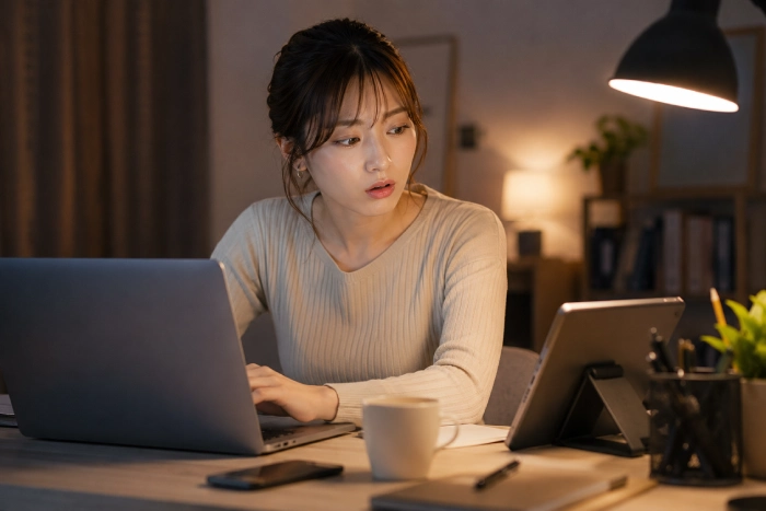 夜のワークルームでタブレットを見て作業の手が止まる女性の仕事風景