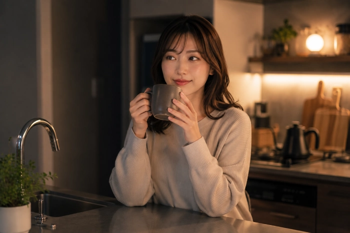 夜のキッチンでコーヒーを飲みながらリラックスする女性の生活風景