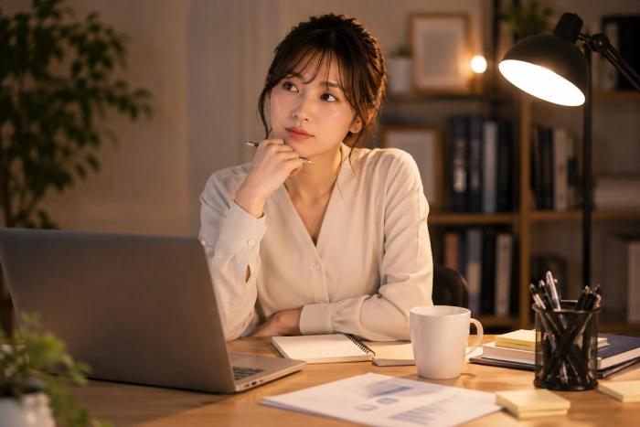 夜の仕事部屋で考えごとをしながらパソコン作業をする女性の仕事風景