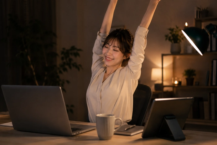 夜のワークルームで仕事を終えてストレッチをする女性の仕事風景