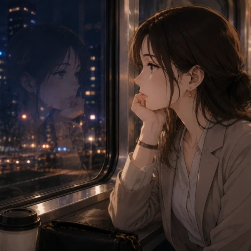 感情移入できるアニメを見終えて夜の電車で余韻に浸る27歳女性会社員のアニメ風イラスト