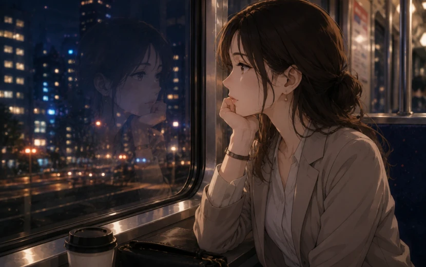 感情移入できるアニメを見終えて夜の電車で余韻に浸る27歳女性会社員のアニメ風イラスト