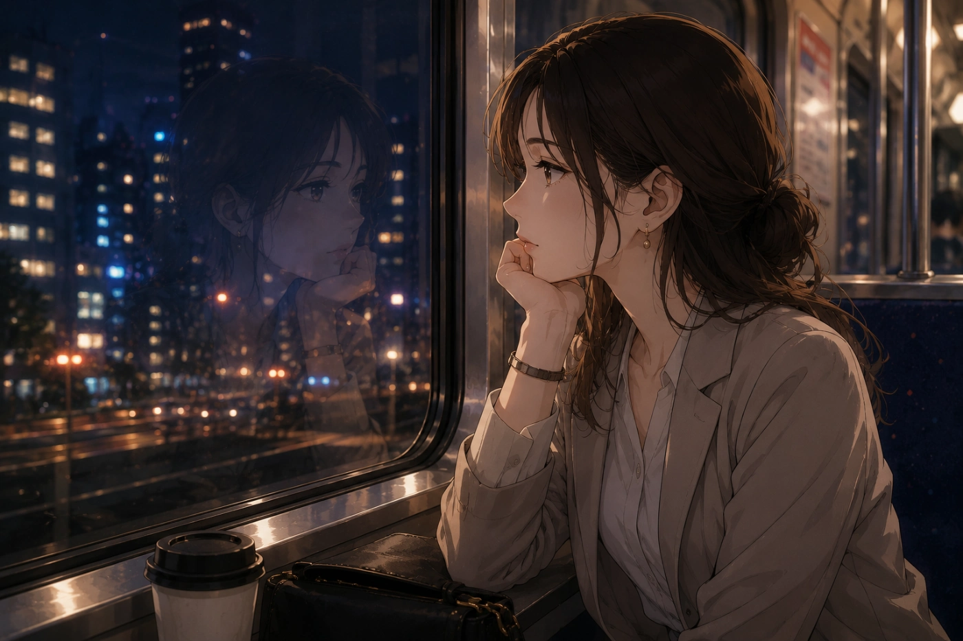 感情移入できるアニメを見終えて夜の電車で余韻に浸る27歳女性会社員のアニメ風イラスト