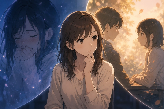 感情移入できるアニメと泣けるアニメの違いを表現したアニメ風イラスト