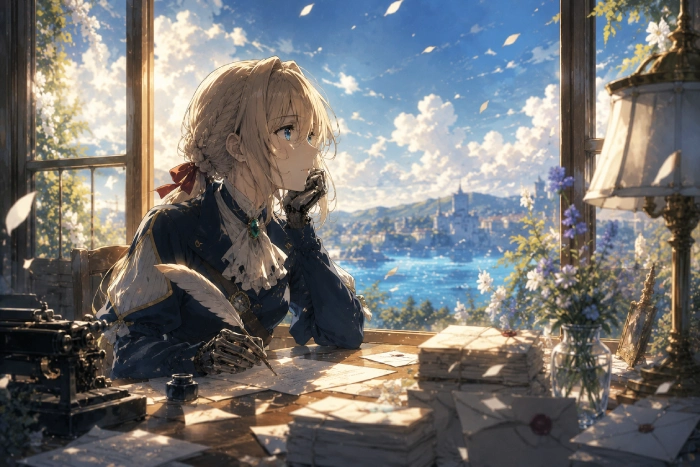 感情移入できるアニメの世界観を表現した手紙と余韻のあるアニメ風イラスト