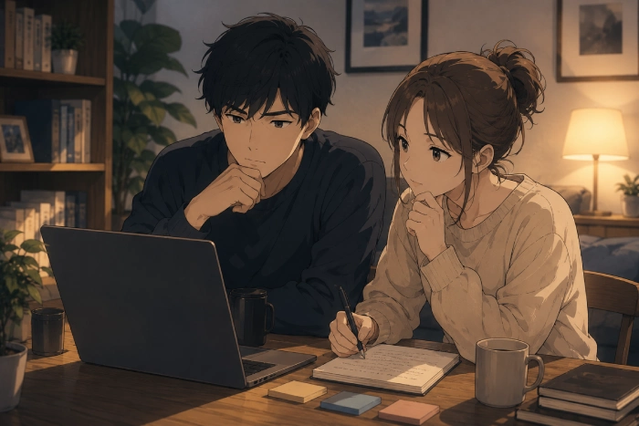 感情移入できるアニメを選ぶ大人の男女を描いたアニメ風イラスト