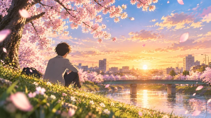 満開の桜の下で川辺に座る少年が、橋と夕日に染まる街並みを静かに眺めている