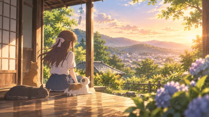 縁側に座る少女が、夕日に染まる山あいの町を眺め、そばでは3匹の猫がくつろいでいる