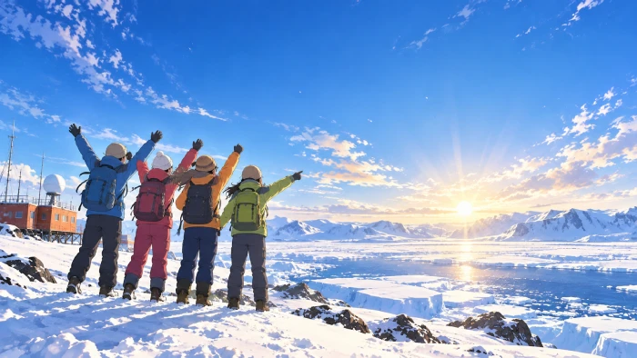 色違いの防寒着とリュックを身につけた4人の若者が、雪山から広大な氷の海と夕日を眺めている