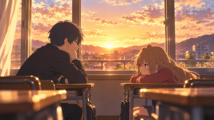 夕日に染まる教室で、机に頬杖をつく男子生徒と机に伏せた女子生徒が向かい合っている