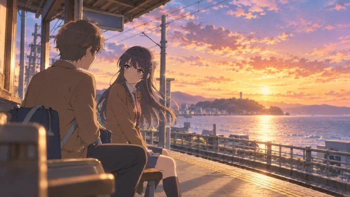 夕焼けに染まる海辺の駅のベンチで、制服姿の男子生徒と長い髪の女子生徒が向かい合っている
