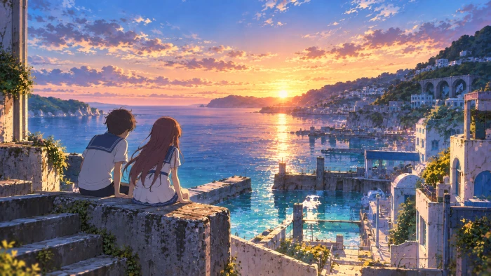 夕日に染まる海辺の町を、石段に座った制服姿の少年と少女が静かに眺めている
