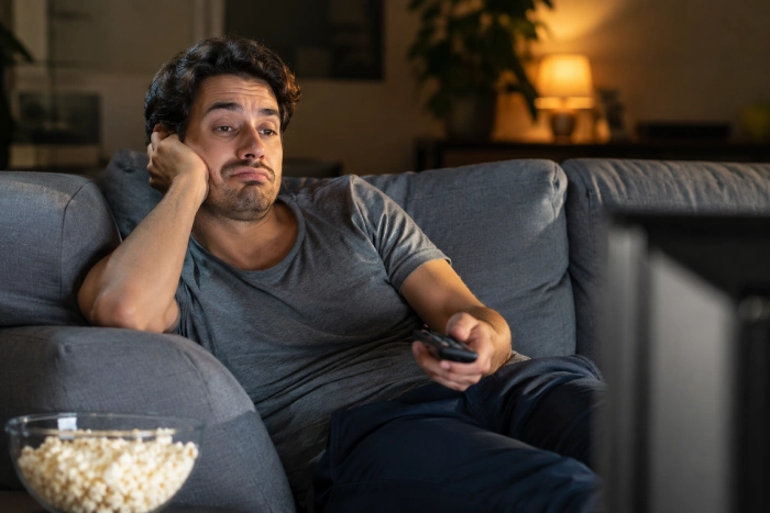 退屈そうな表情でテレビを見ながら時間を持て余している男性