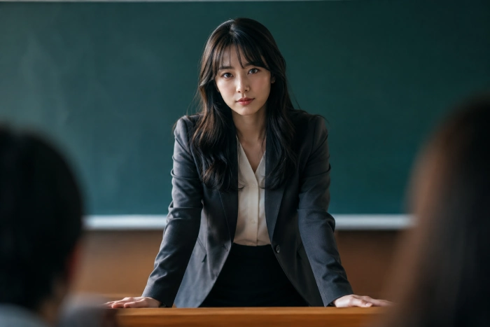 教壇に立った女性が静かな表情で正面を見つめるシネマティックなワンシーン