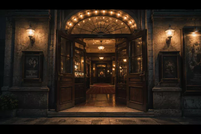 温かな光が漏れる古い映画館の扉が静かに開かれている映画のワンシーン風の風景