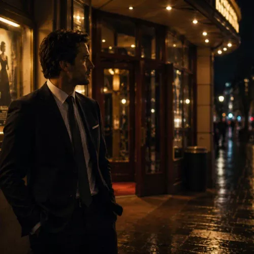 雨上がりの夜の映画館前で静かにたたずむスーツ姿の男性と落ち着いた街並み」