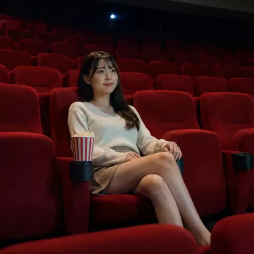 赤い座席の静かな映画館で、一人で映画を見ながら穏やかに過ごす若い女性