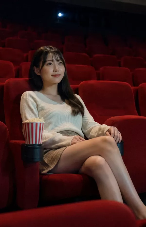 赤い座席の静かな映画館で、一人で映画を見ながら穏やかに過ごす若い女性