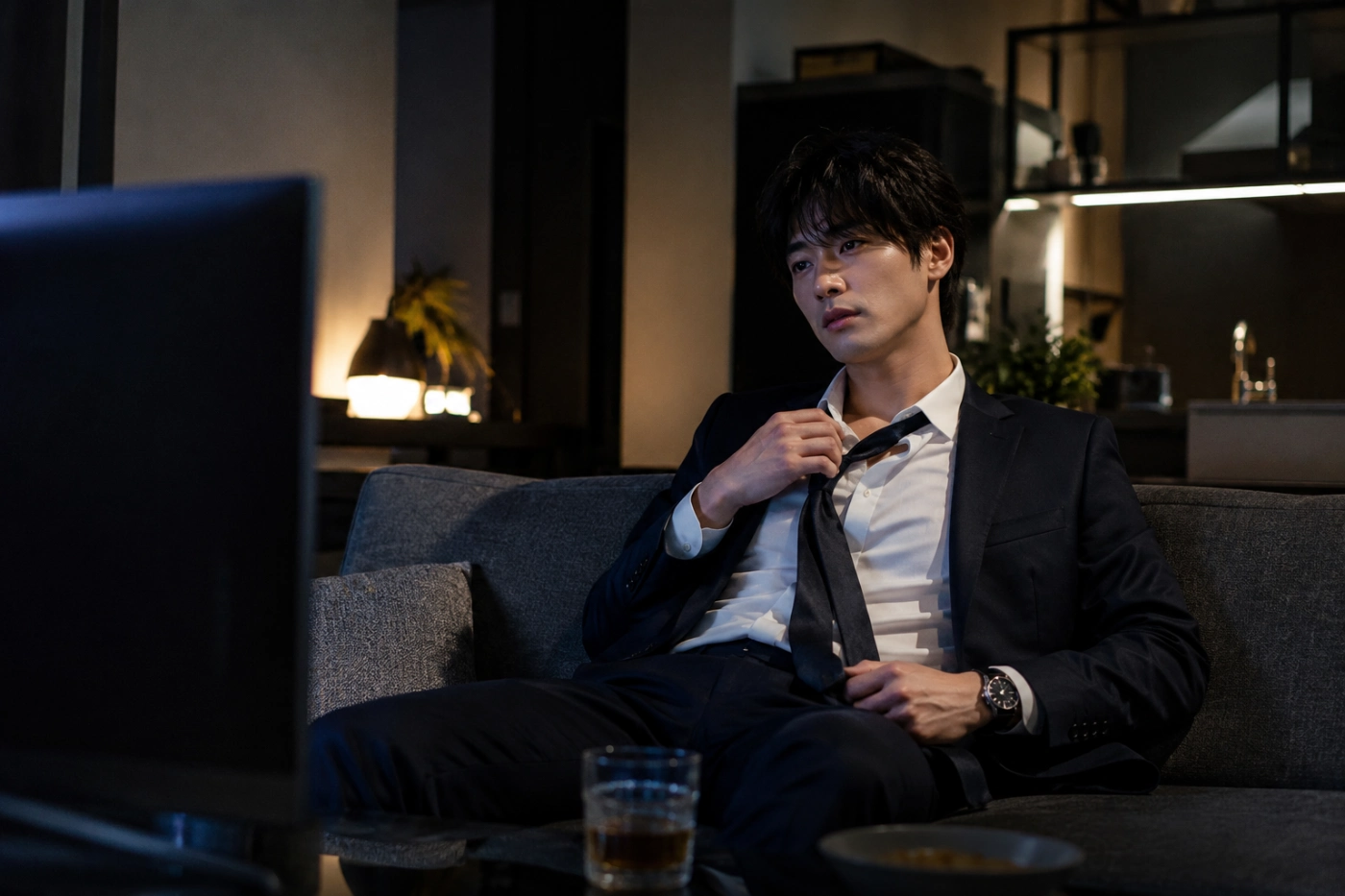 仕事から帰宅したスーツ姿の男性がネクタイを緩めながらソファでドラマを見てくつろぐ夜のリビング風景