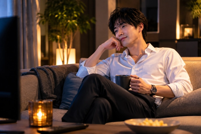 自宅でリラックスしながら映像作品を楽しむ男性