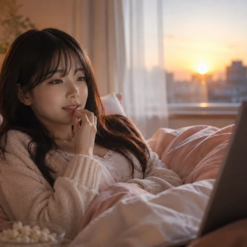 自宅のベッドでドラマに夢中になり、朝になったことにも気付かず視聴を続ける女性