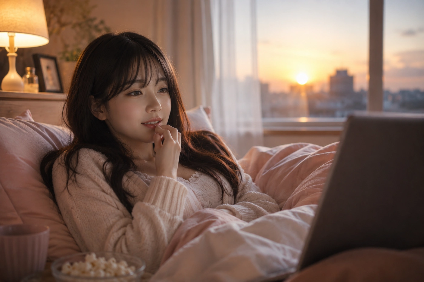 自宅のベッドでドラマに夢中になり、朝になったことにも気付かず視聴を続ける女性