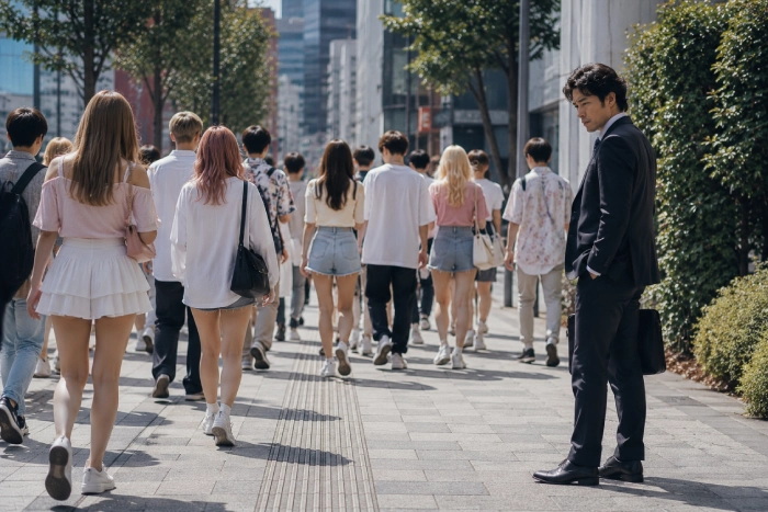 大勢の人が同じ方向へ進む中で一人だけ立ち止まっている男性