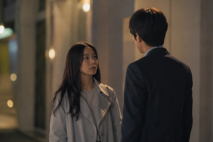 夜の街で向かい合いながら会話をする男女