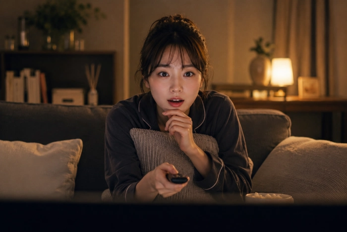 ソファーに座りながら夢中で映像を見ている女性