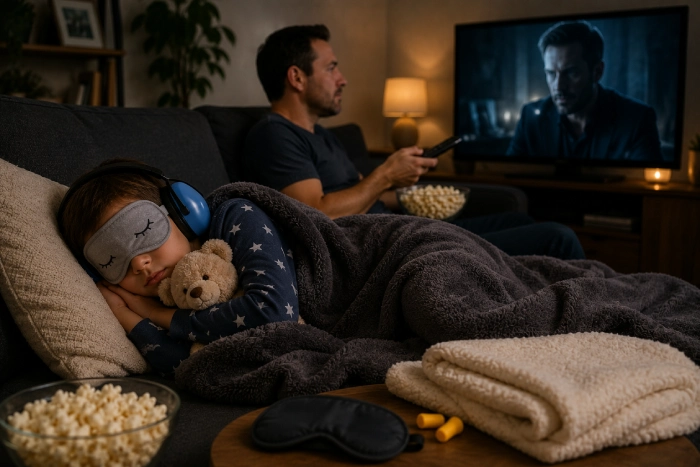 アイマスクを付けて眠る子供とテレビを見る父親