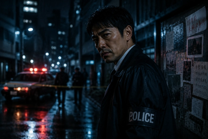 雨の夜の事件現場で捜査する刑事風の男性