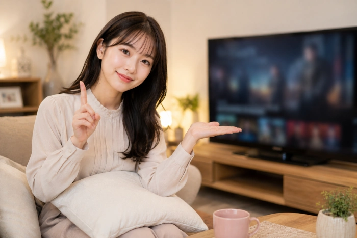 リビングでドラマを見ながらおすすめ作品を紹介する女性