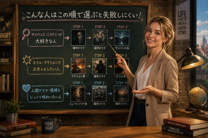 おすすめ作品の選び方を案内する女性
