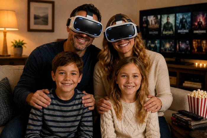 VRゴーグルを着けた両親と記念撮影する四人家族