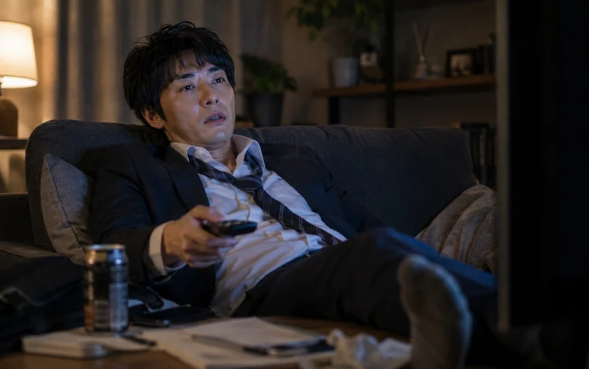 疲れて帰宅したスーツ姿の男性がソファでくつろぎながら、眠そうな表情で夢中になってドラマを見ている様子