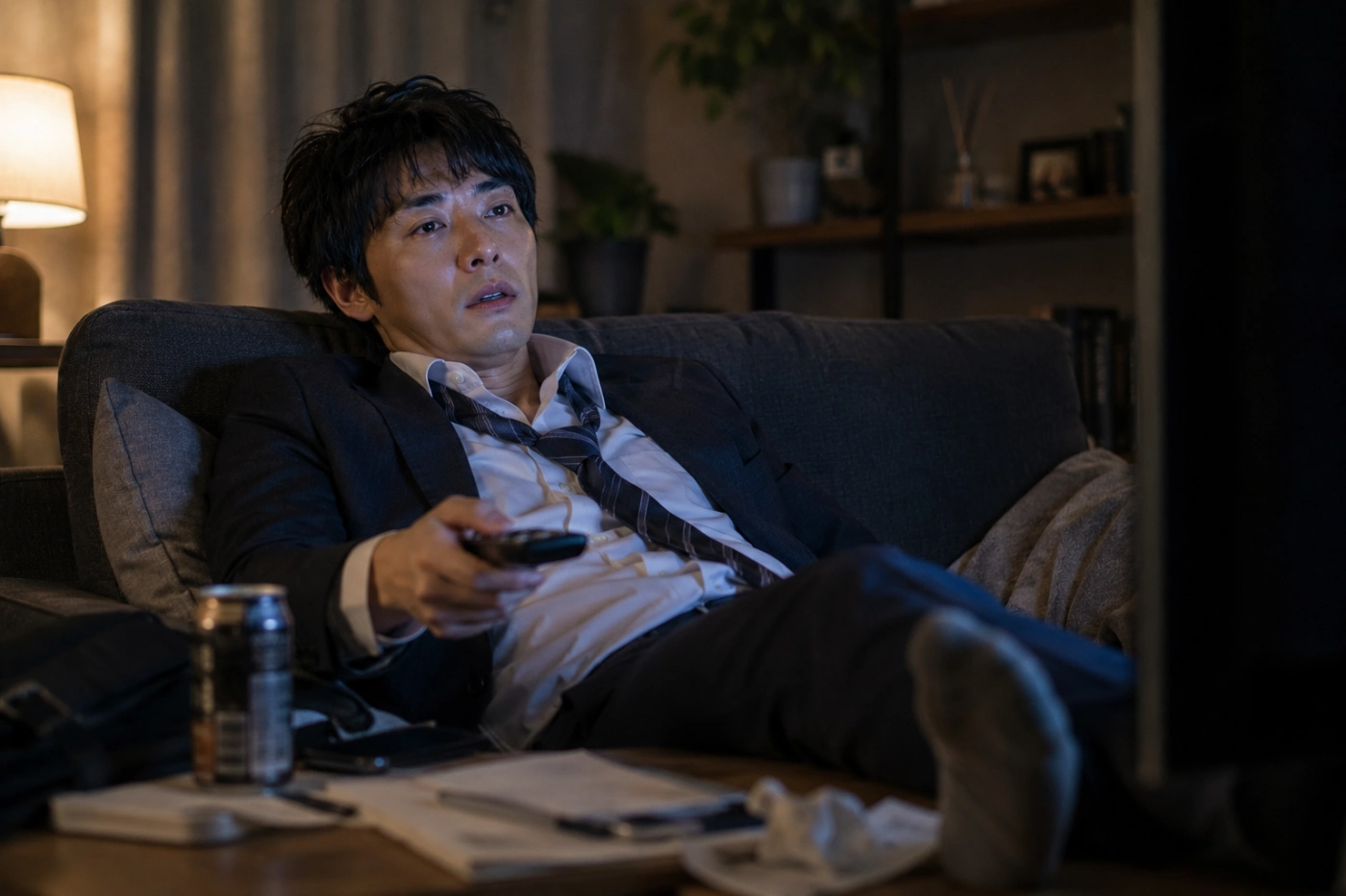 疲れて帰宅したスーツ姿の男性がソファでくつろぎながら、眠そうな表情で夢中になってドラマを見ている様子