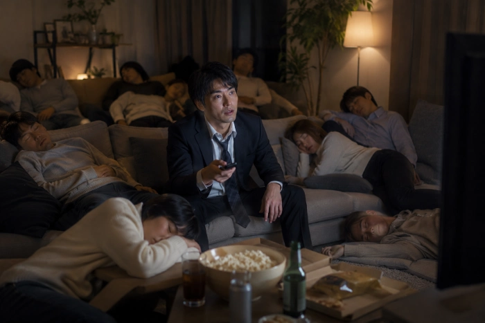 ドラマに夢中な人物と眠っている人たちを対比して表現したイメージ