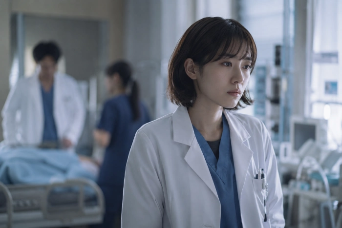 病院で働く医療従事者が静かに考え事をしている様子