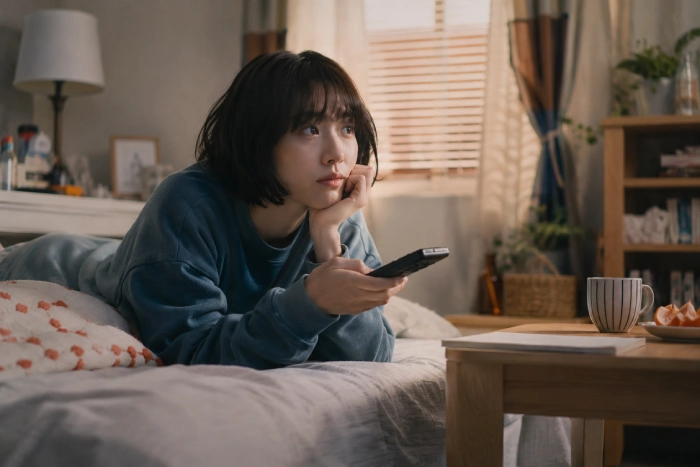 自宅でくつろぎながらドラマを楽しむ女性の様子