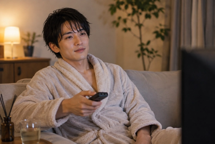 風呂上がりにリラックスしながら自宅でドラマを楽しむ男性の様子