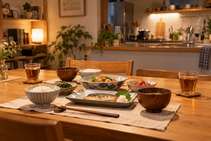 温かな食卓に焼き魚や煮物が並ぶ落ち着いた夕食の風景