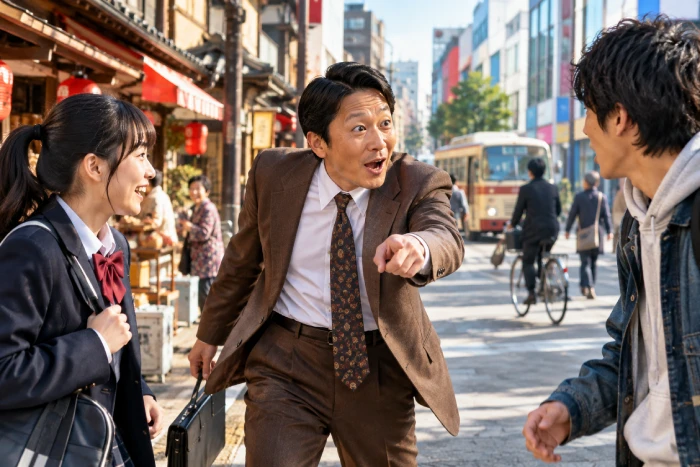 商店街で中年男性と若者たちが楽しそうに会話する風景