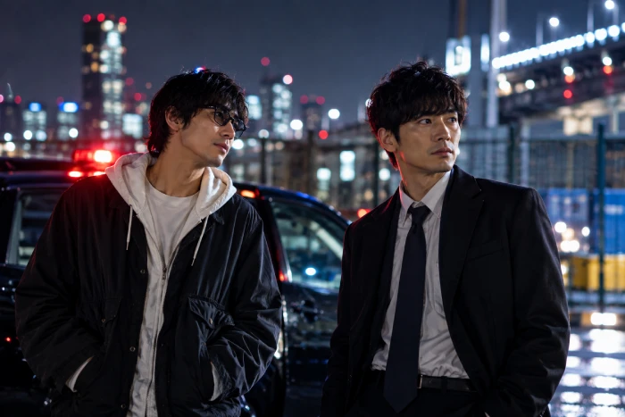 夜の街で二人の男性が車のそばに立っている様子
